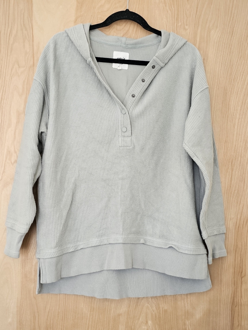 Aerie Ribbed Hooded Oversized Henley Pullover In Sea Green, Size XXS